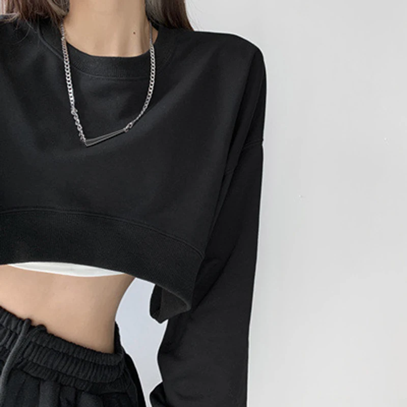 Korean Fashion Short Sweatshirts Women Sexy Solid Color Loose Crop Tops Woman Casual Streetwear Plus Size Pullovers Female