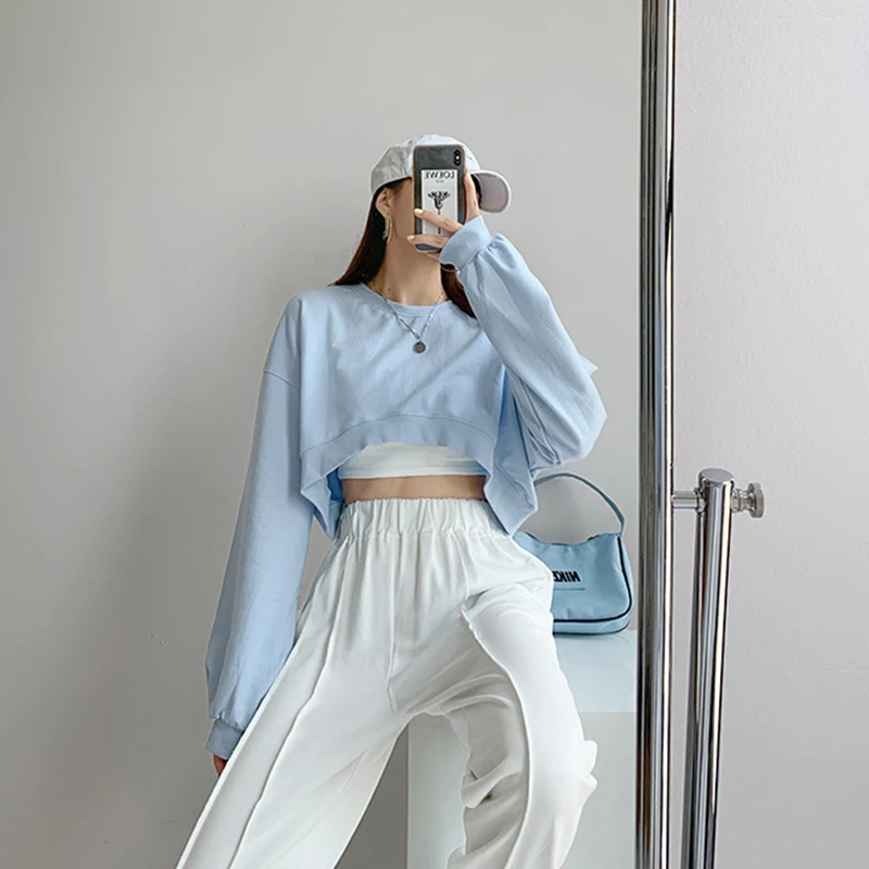 Korean Fashion Short Sweatshirts Women Sexy Solid Color Loose Crop Tops Woman Casual Streetwear Plus Size Pullovers Female