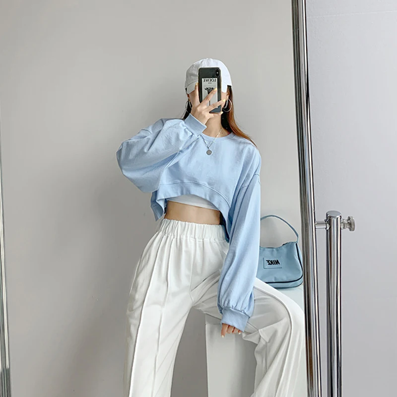 Korean Fashion Short Sweatshirts Women Sexy Solid Color Loose Crop Tops Woman Casual Streetwear Plus Size Pullovers Female