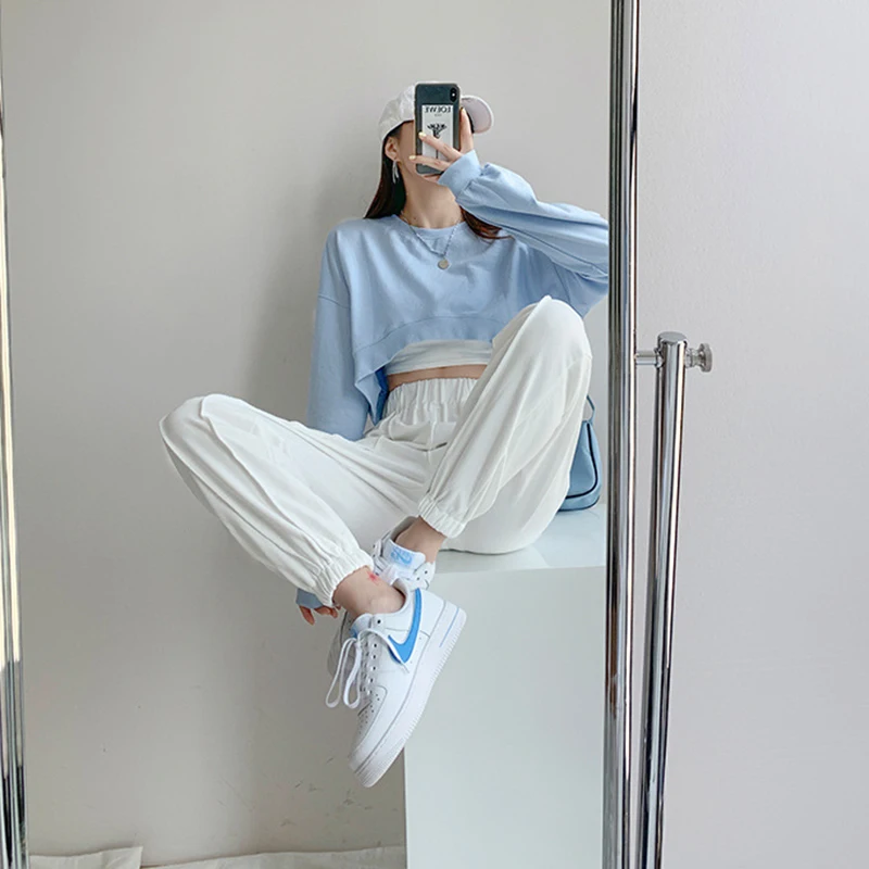 Korean Fashion Short Sweatshirts Women Sexy Solid Color Loose Crop Tops Woman Casual Streetwear Plus Size Pullovers Female