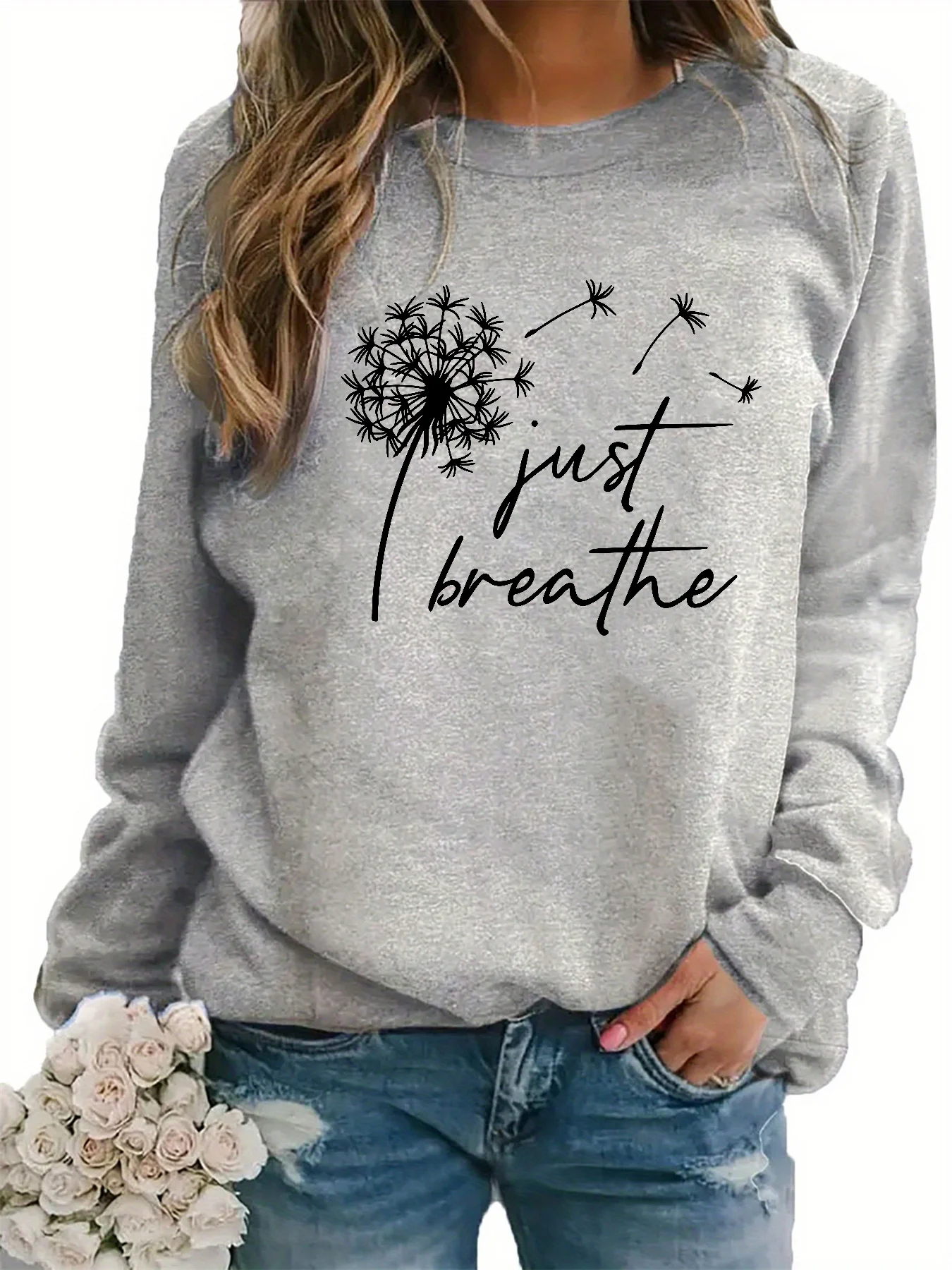 Women's Autumn and Winter Loose Casual Comfortable Dandelion Pattern Printed with Velvet Long Sleeved Round Neck Hoodie Pullover