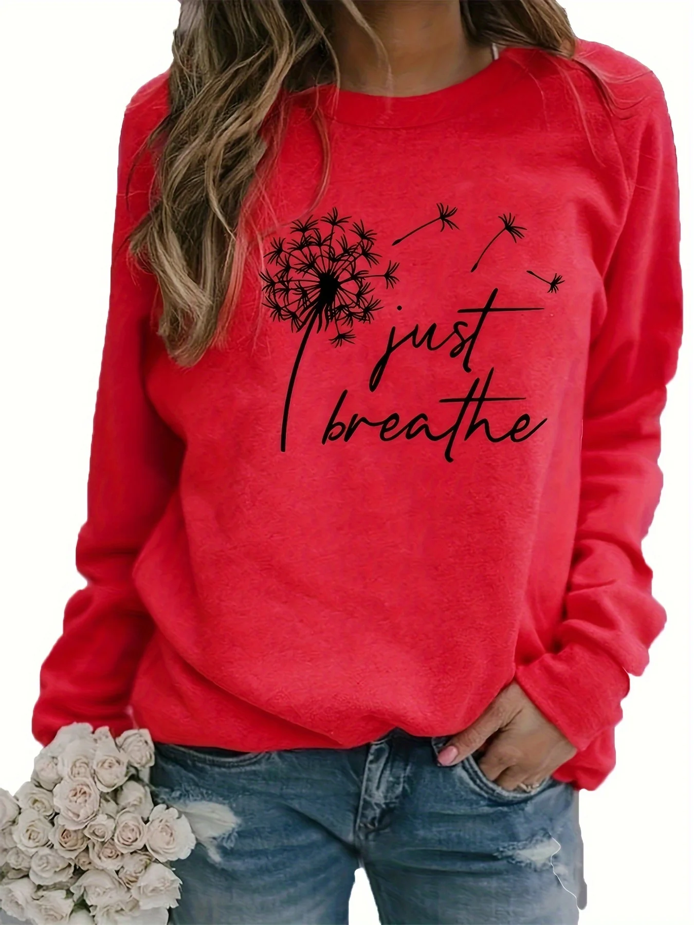 Women's Autumn and Winter Loose Casual Comfortable Dandelion Pattern Printed with Velvet Long Sleeved Round Neck Hoodie Pullover
