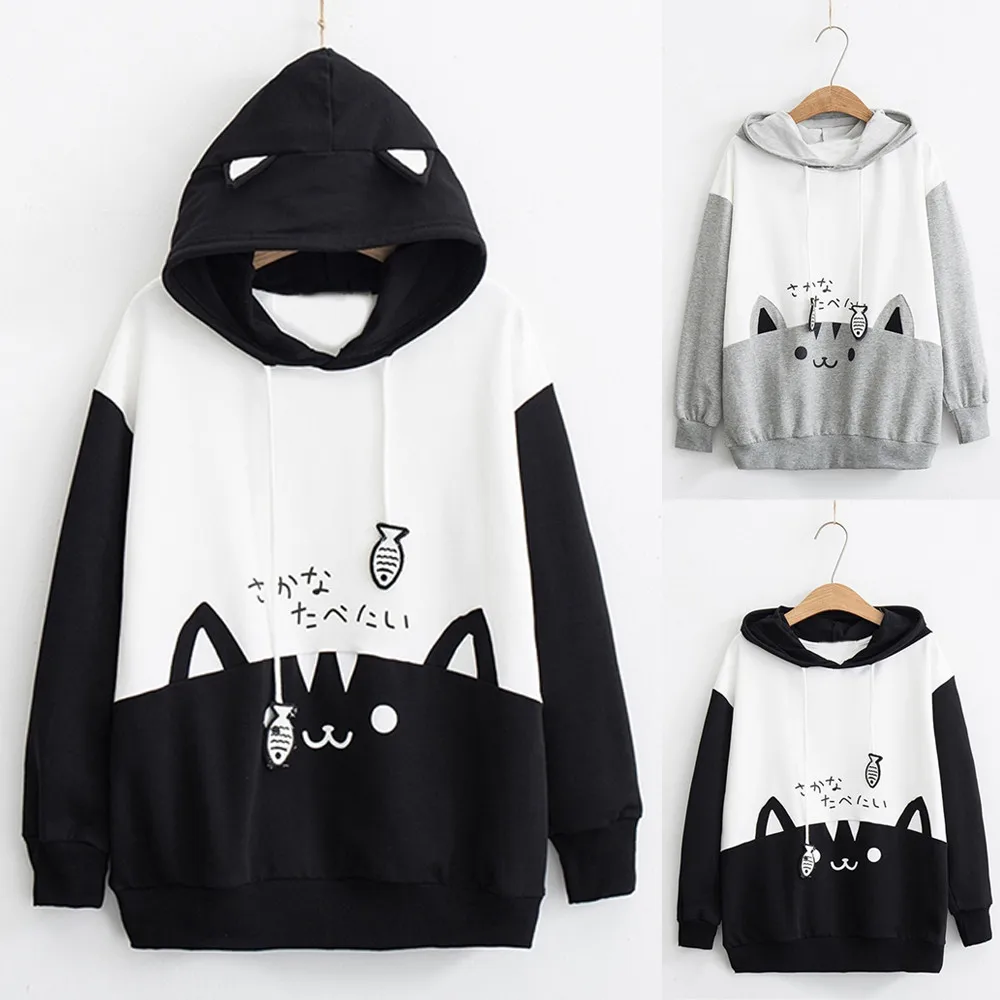 Cat Print Hoodie Women Y2K Streetwear Long Sleeve Sweatshirt Cute Cartoon Pullover with Drawstring Hood