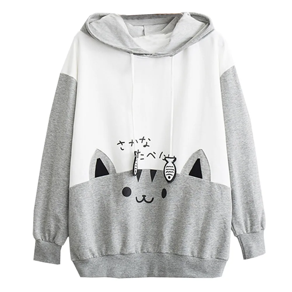 Cat Print Hoodie Women Y2K Streetwear Long Sleeve Sweatshirt Cute Cartoon Pullover with Drawstring Hood