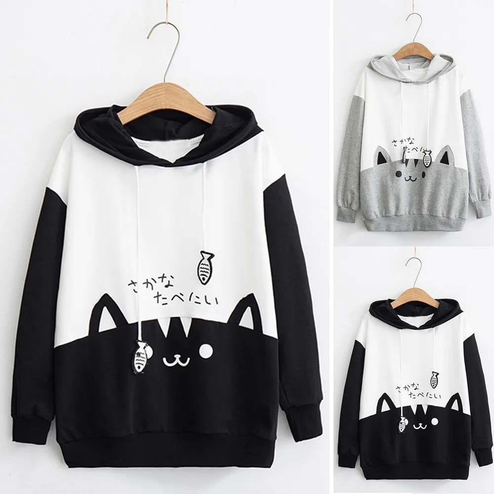 Cat Print Hoodie Women Y2K Streetwear Long Sleeve Sweatshirt Cute Cartoon Pullover with Drawstring Hood