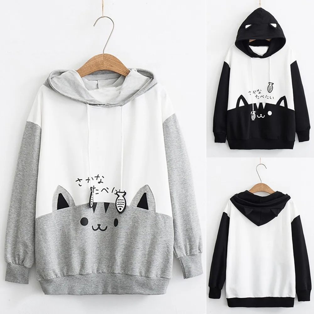 Cat Print Hoodie Women Y2K Streetwear Long Sleeve Sweatshirt Cute Cartoon Pullover with Drawstring Hood