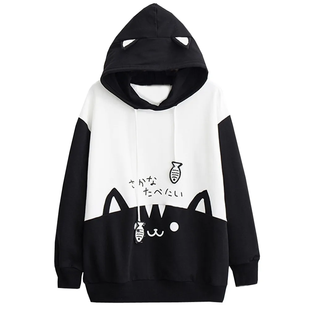 Cat Print Hoodie Women Y2K Streetwear Long Sleeve Sweatshirt Cute Cartoon Pullover with Drawstring Hood