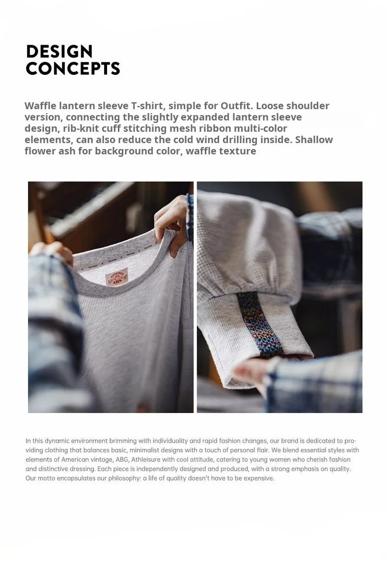 Maden Women's Waffle Knit Sweatshirt Loose Fit Crew Neck Pullover with Lantern Sleeves Lightweight Gray Casual Top for Fall