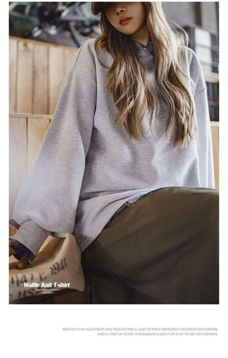 Maden Women's Waffle Knit Sweatshirt Loose Fit Crew Neck Pullover with Lantern Sleeves Lightweight Gray Casual Top for Fall