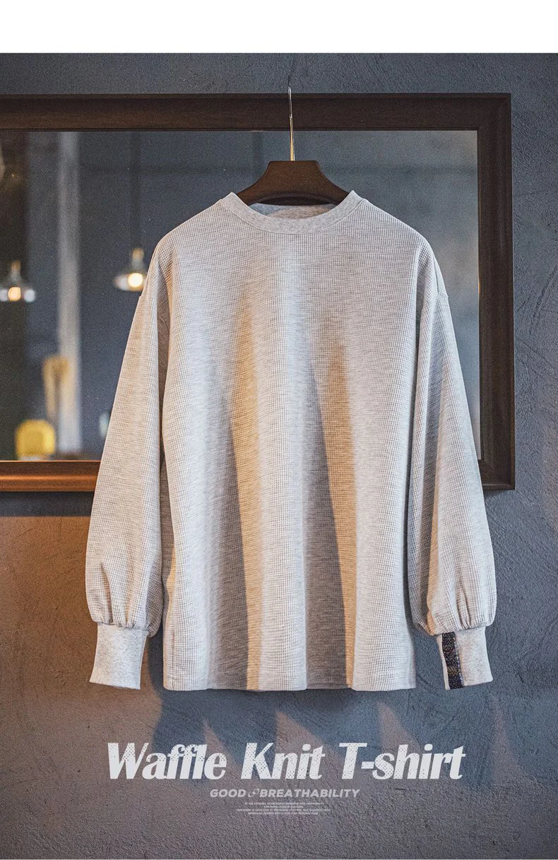 Maden Women's Waffle Knit Sweatshirt Loose Fit Crew Neck Pullover with Lantern Sleeves Lightweight Gray Casual Top for Fall