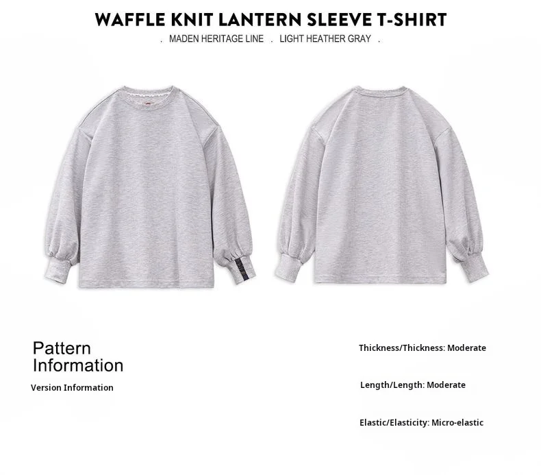 Maden Women's Waffle Knit Sweatshirt Loose Fit Crew Neck Pullover with Lantern Sleeves Lightweight Gray Casual Top for Fall