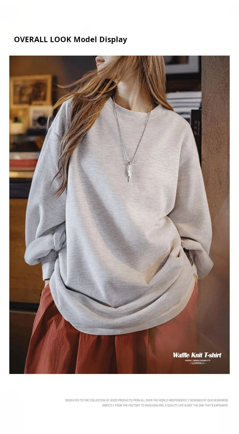 Maden Women's Waffle Knit Sweatshirt Loose Fit Crew Neck Pullover with Lantern Sleeves Lightweight Gray Casual Top for Fall