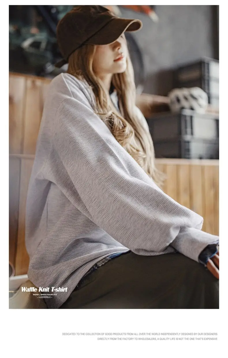 Maden Women's Waffle Knit Sweatshirt Loose Fit Crew Neck Pullover with Lantern Sleeves Lightweight Gray Casual Top for Fall
