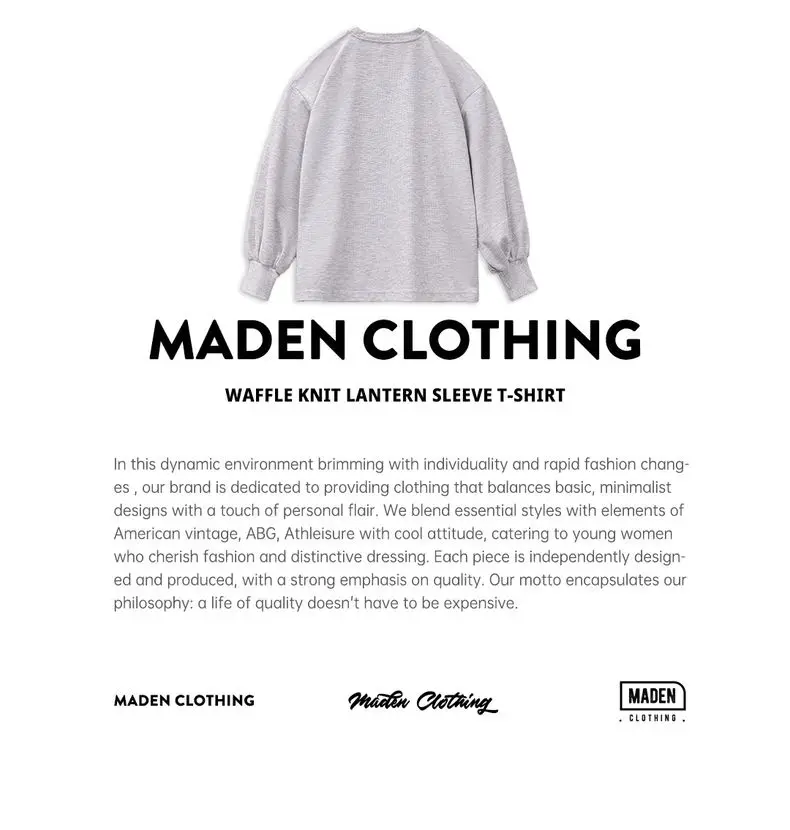 Maden Women's Waffle Knit Sweatshirt Loose Fit Crew Neck Pullover with Lantern Sleeves Lightweight Gray Casual Top for Fall