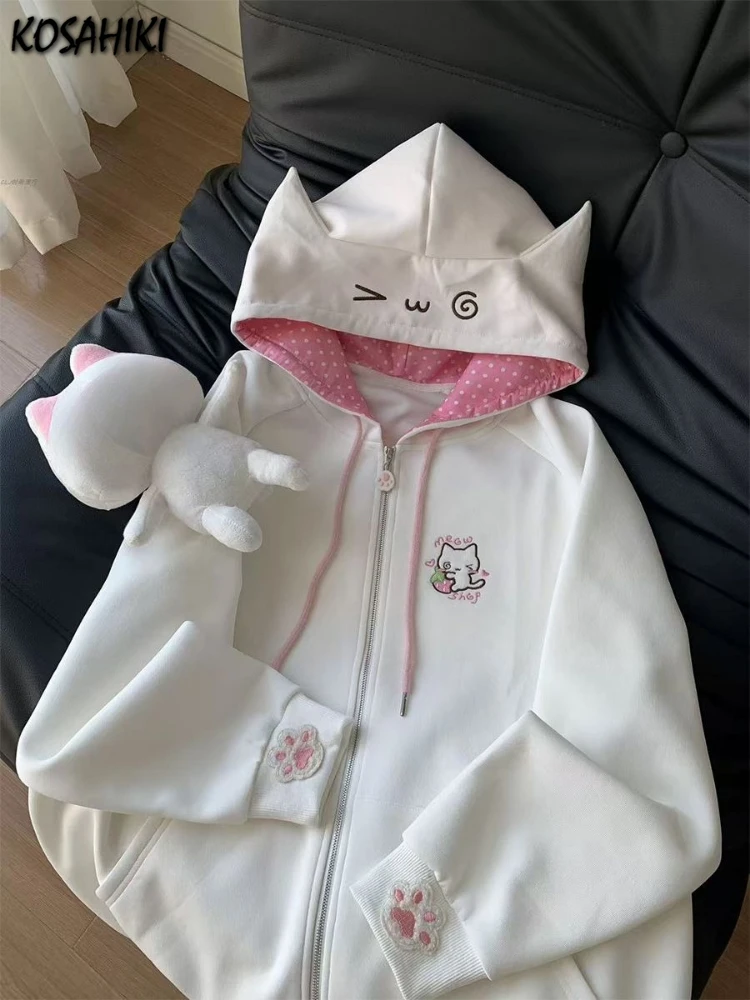 Japanese Cartoon Embroidery Casual Kawaii Hoodies Y2k Aesthetic Loose Drawstring Women Hoody Harajuku Autumn Zipper Sweatshirt