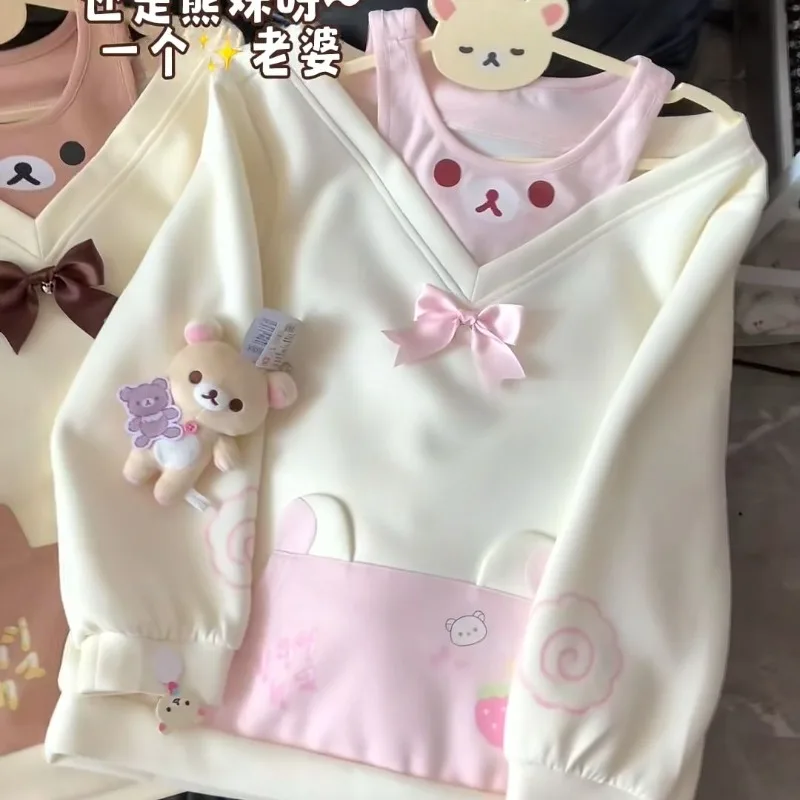 Sweet Hoodie Women Japanese Sweatshirts Y2k Tops Contrast Color Casual Fashion Hoodies Off Shoulder Cartoon Cute Fake Two Top