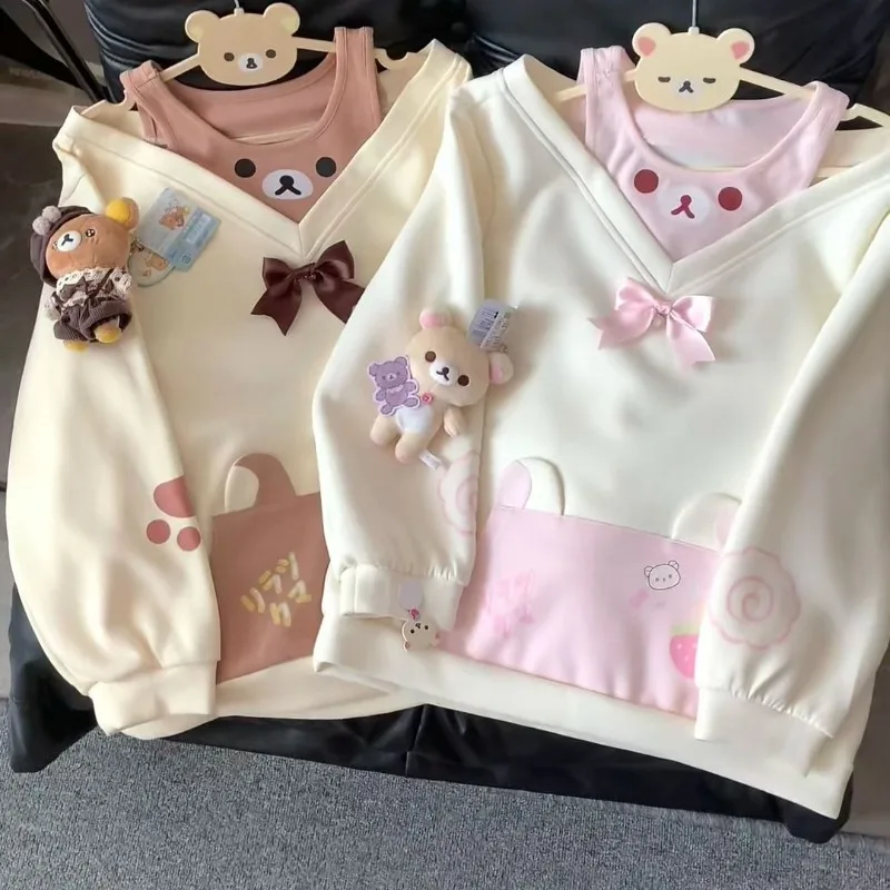 Sweet Hoodie Women Japanese Sweatshirts Y2k Tops Contrast Color Casual Fashion Hoodies Off Shoulder Cartoon Cute Fake Two Top