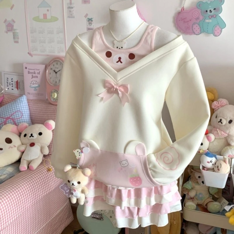 Sweet Hoodie Women Japanese Sweatshirts Y2k Tops Contrast Color Casual Fashion Hoodies Off Shoulder Cartoon Cute Fake Two Top