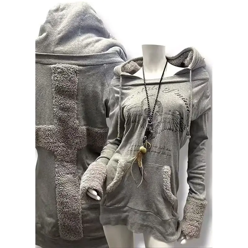 Streetwear Letter Skull Print Casual Hoodies Grunge Hooded Drawstring Sweatshirts Y2k Aesthetic Cross Patchwork Vintage Hoody