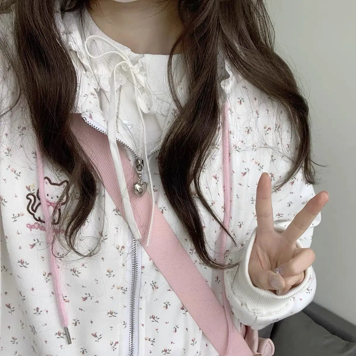 Cat Embroidered Long Sleeved Zip Up Hoodie Women Japanese Spring Summer Sweet Girl Cute Core Thin Sweatshirt Y2k Top