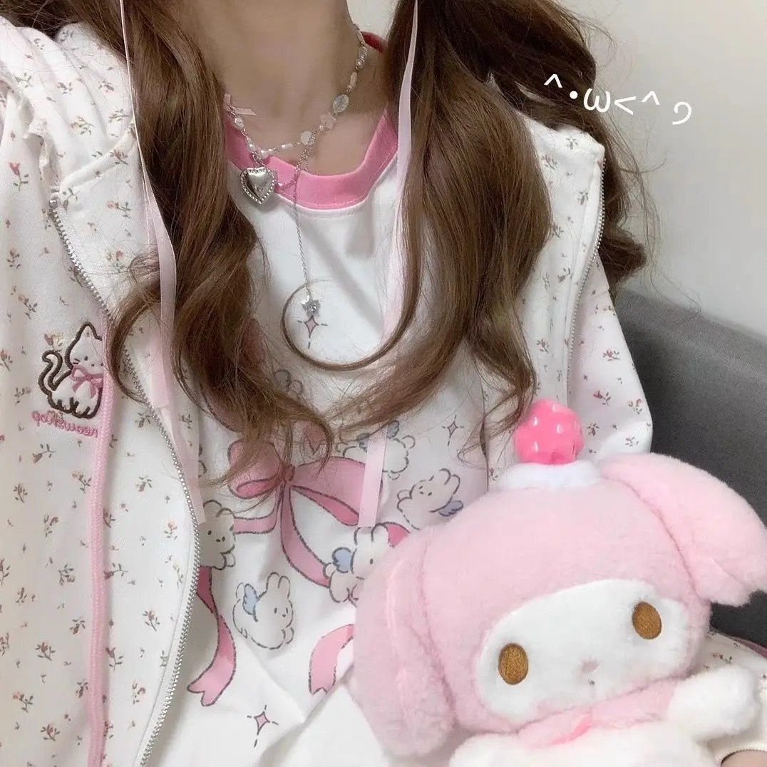 Cat Embroidered Long Sleeved Zip Up Hoodie Women Japanese Spring Summer Sweet Girl Cute Core Thin Sweatshirt Y2k Top