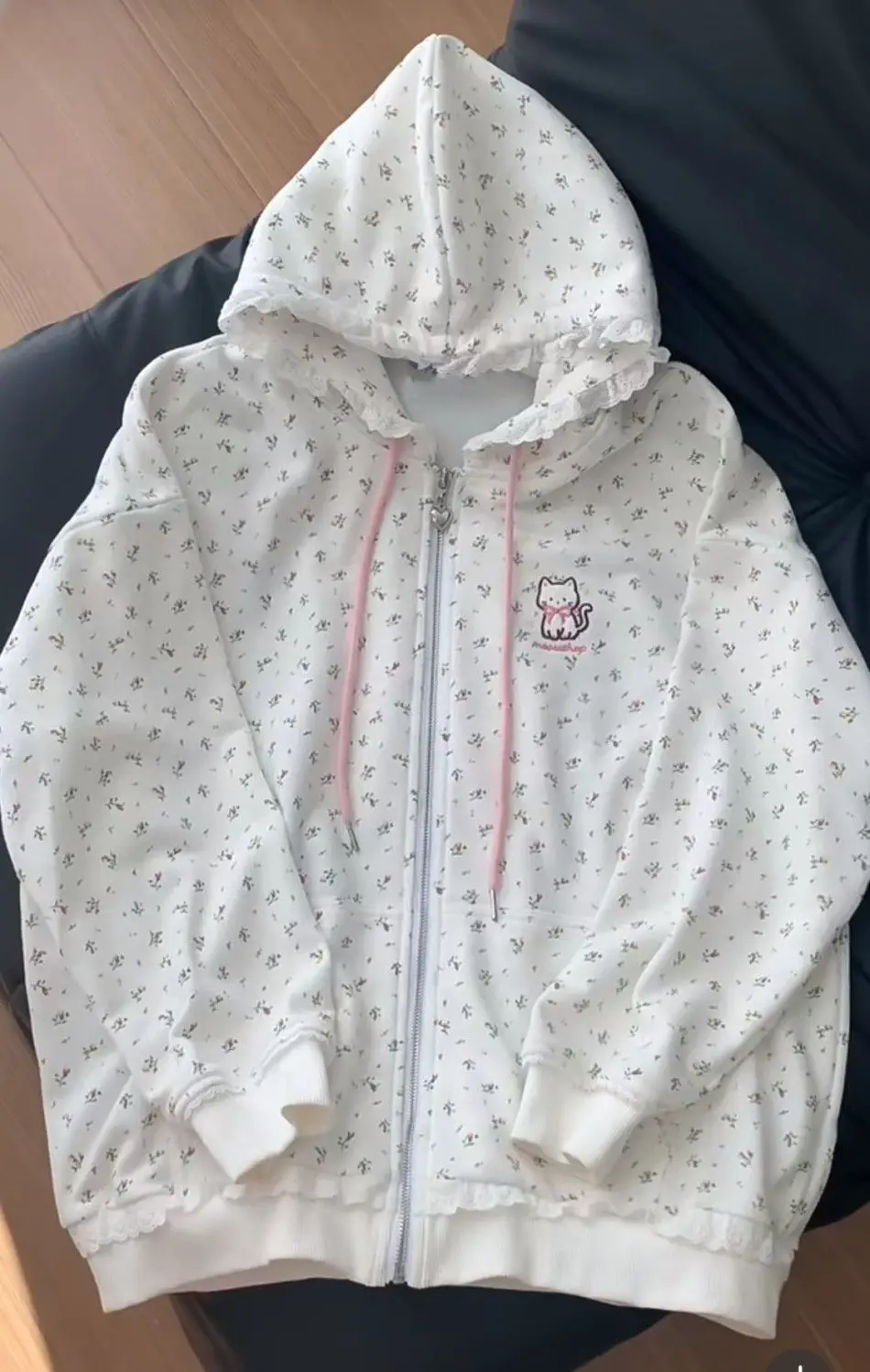 Cat Embroidered Long Sleeved Zip Up Hoodie Women Japanese Spring Summer Sweet Girl Cute Core Thin Sweatshirt Y2k Top