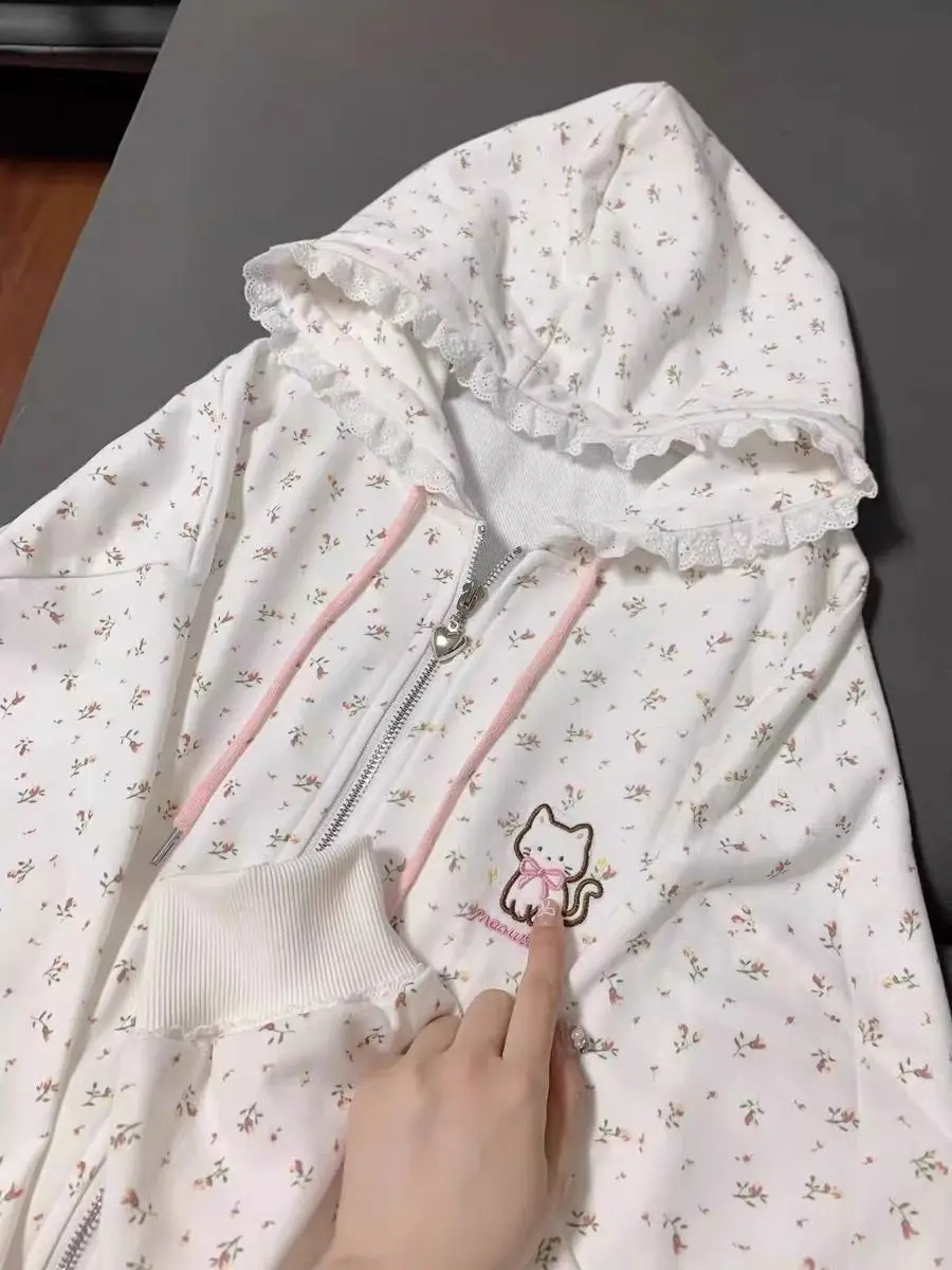 Cat Embroidered Long Sleeved Zip Up Hoodie Women Japanese Spring Summer Sweet Girl Cute Core Thin Sweatshirt Y2k Top