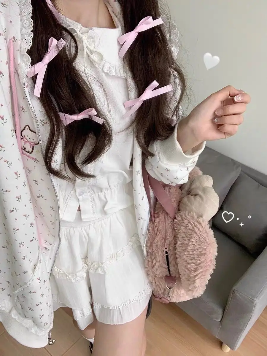 Cat Embroidered Long Sleeved Zip Up Hoodie Women Japanese Spring Summer Sweet Girl Cute Core Thin Sweatshirt Y2k Top