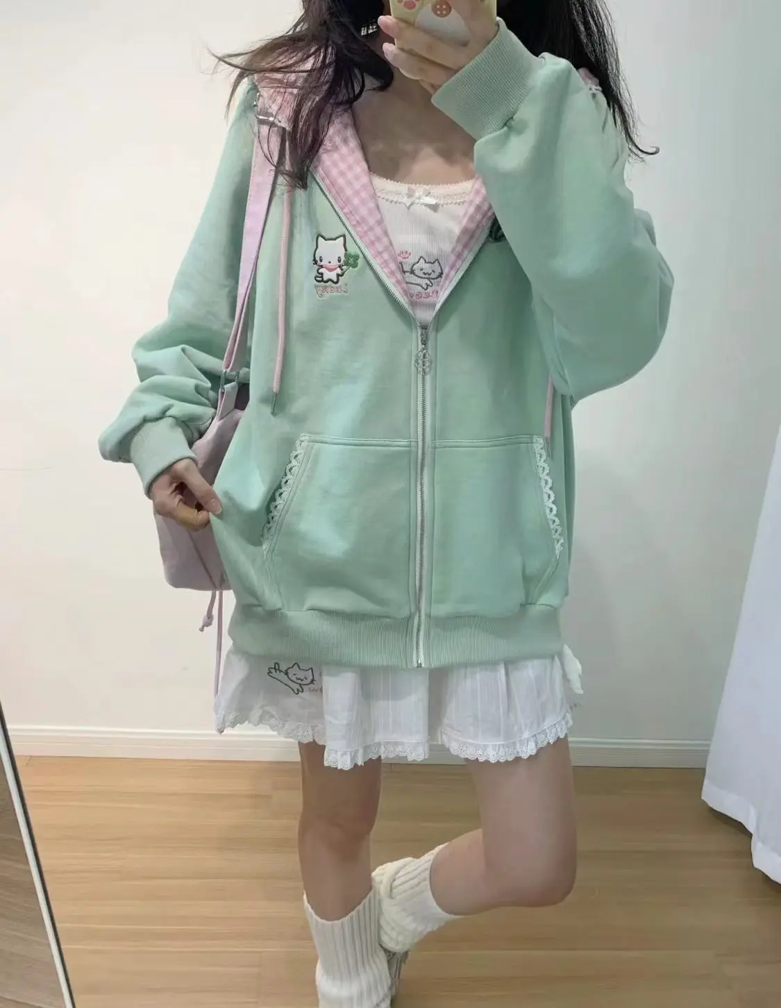 Cat Embroidered Long Sleeved Zip Up Hoodie Women Japanese Spring Summer Sweet Girl Cute Core Thin Sweatshirt Y2k Top