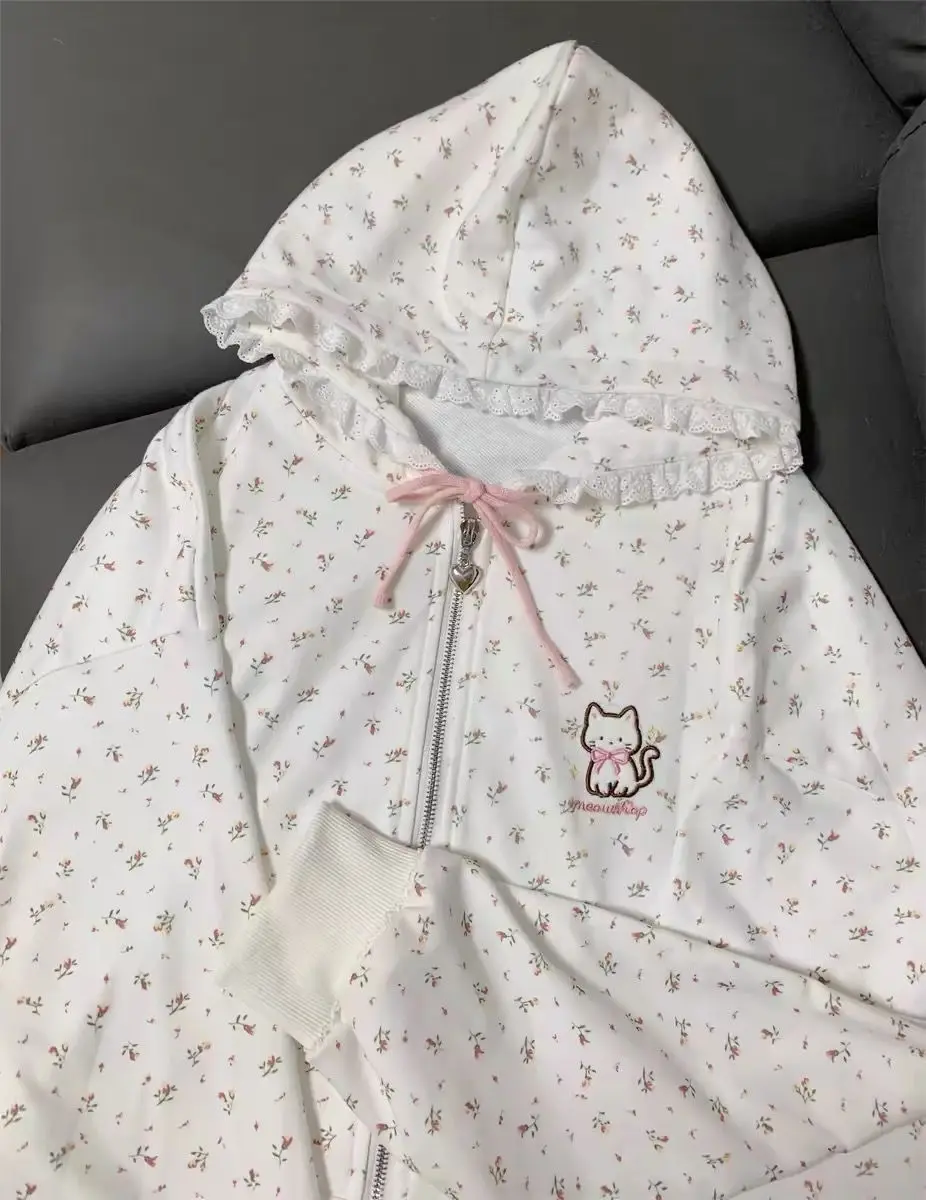 Cat Embroidered Long Sleeved Zip Up Hoodie Women Japanese Spring Summer Sweet Girl Cute Core Thin Sweatshirt Y2k Top