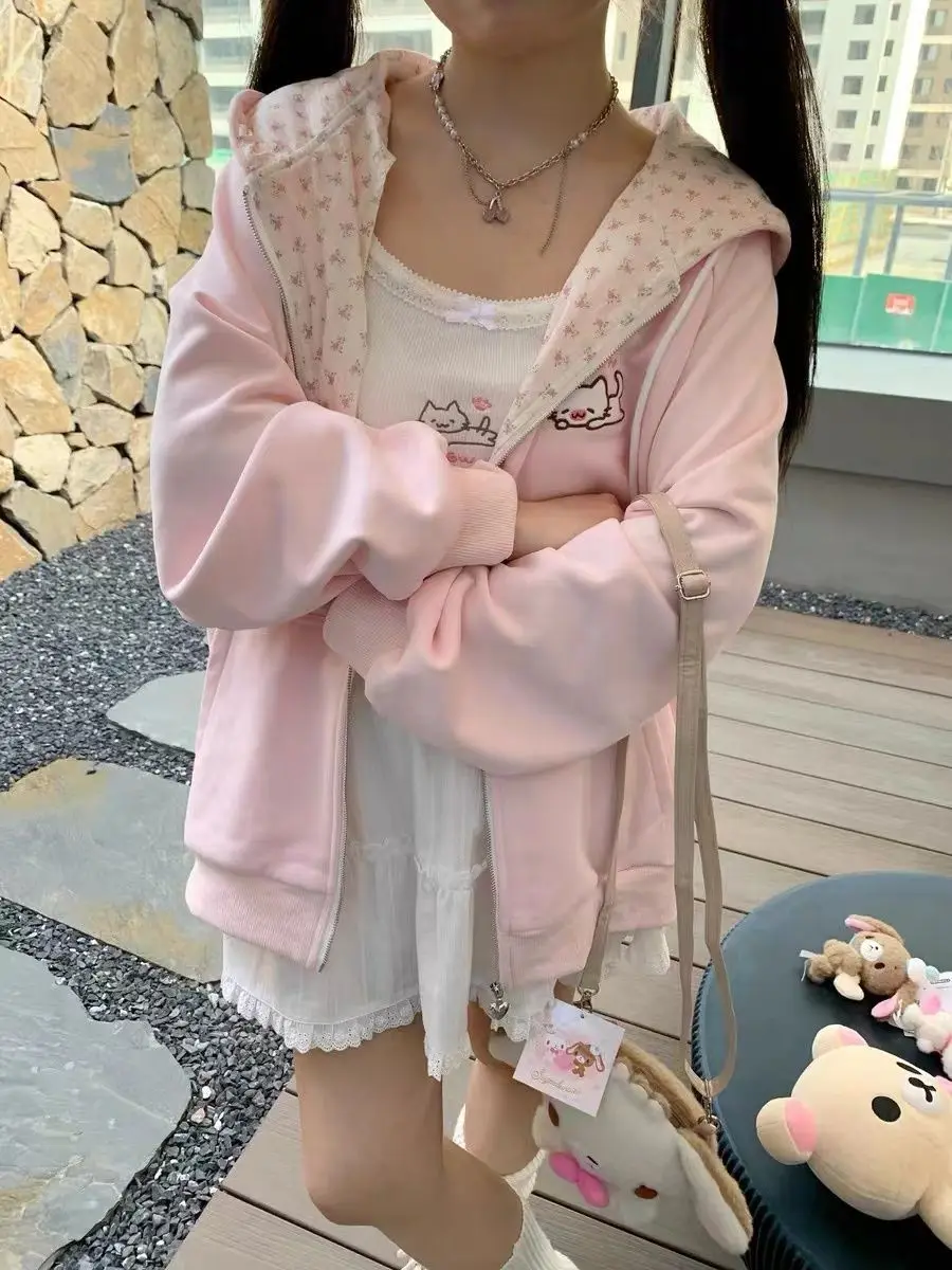 Cat Embroidered Long Sleeved Zip Up Hoodie Women Japanese Spring Summer Sweet Girl Cute Core Thin Sweatshirt Y2k Top