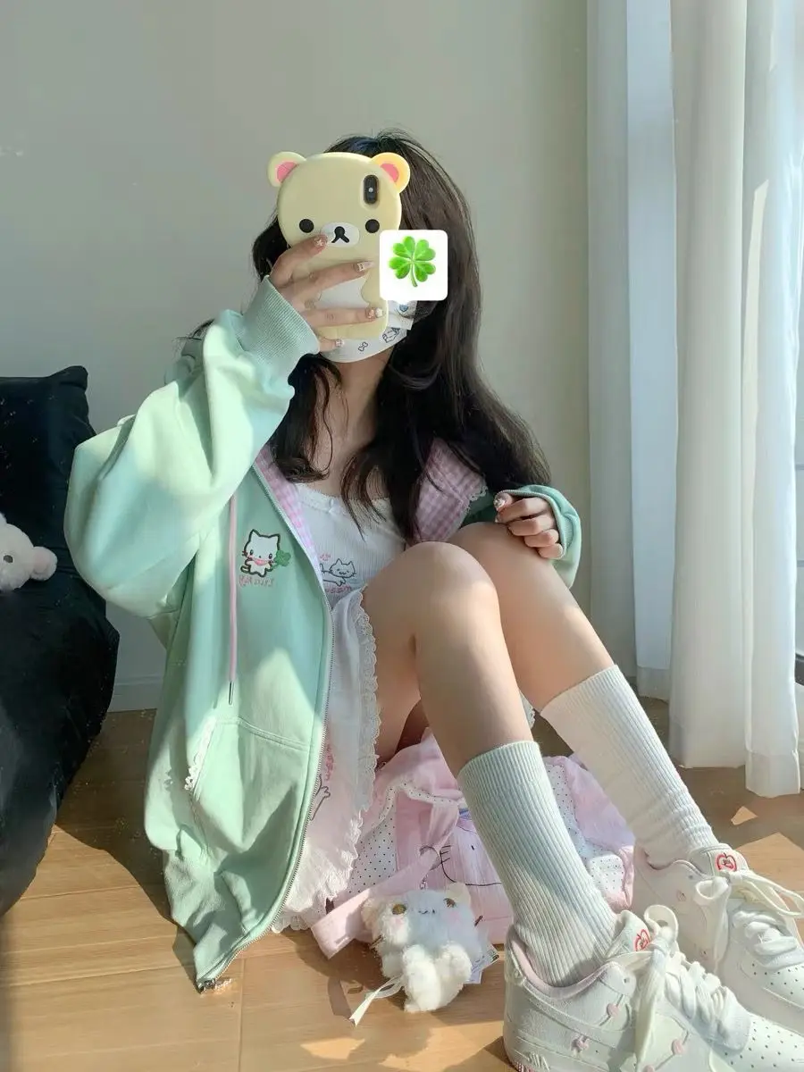 Cat Embroidered Long Sleeved Zip Up Hoodie Women Japanese Spring Summer Sweet Girl Cute Core Thin Sweatshirt Y2k Top