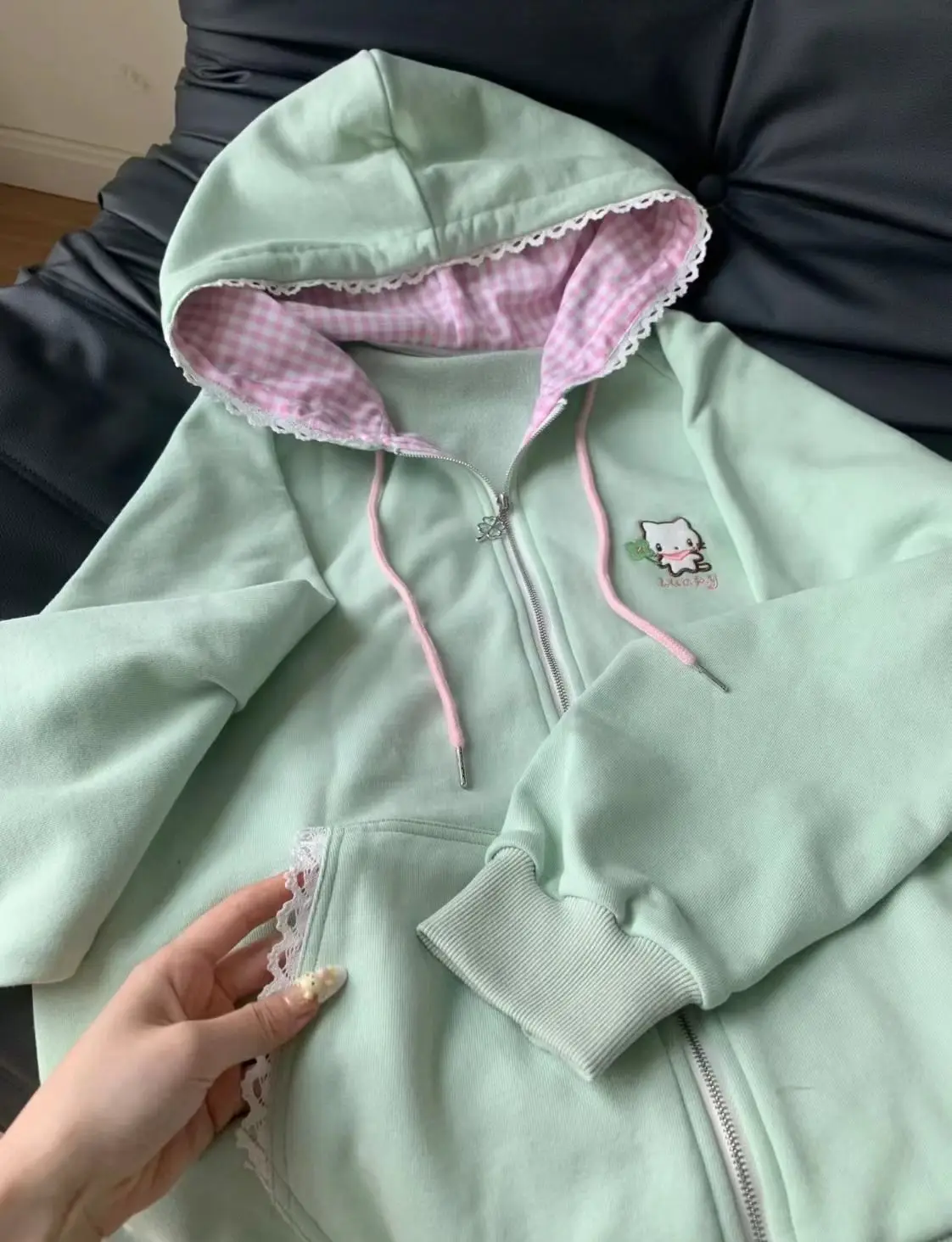 Cat Embroidered Long Sleeved Zip Up Hoodie Women Japanese Spring Summer Sweet Girl Cute Core Thin Sweatshirt Y2k Top