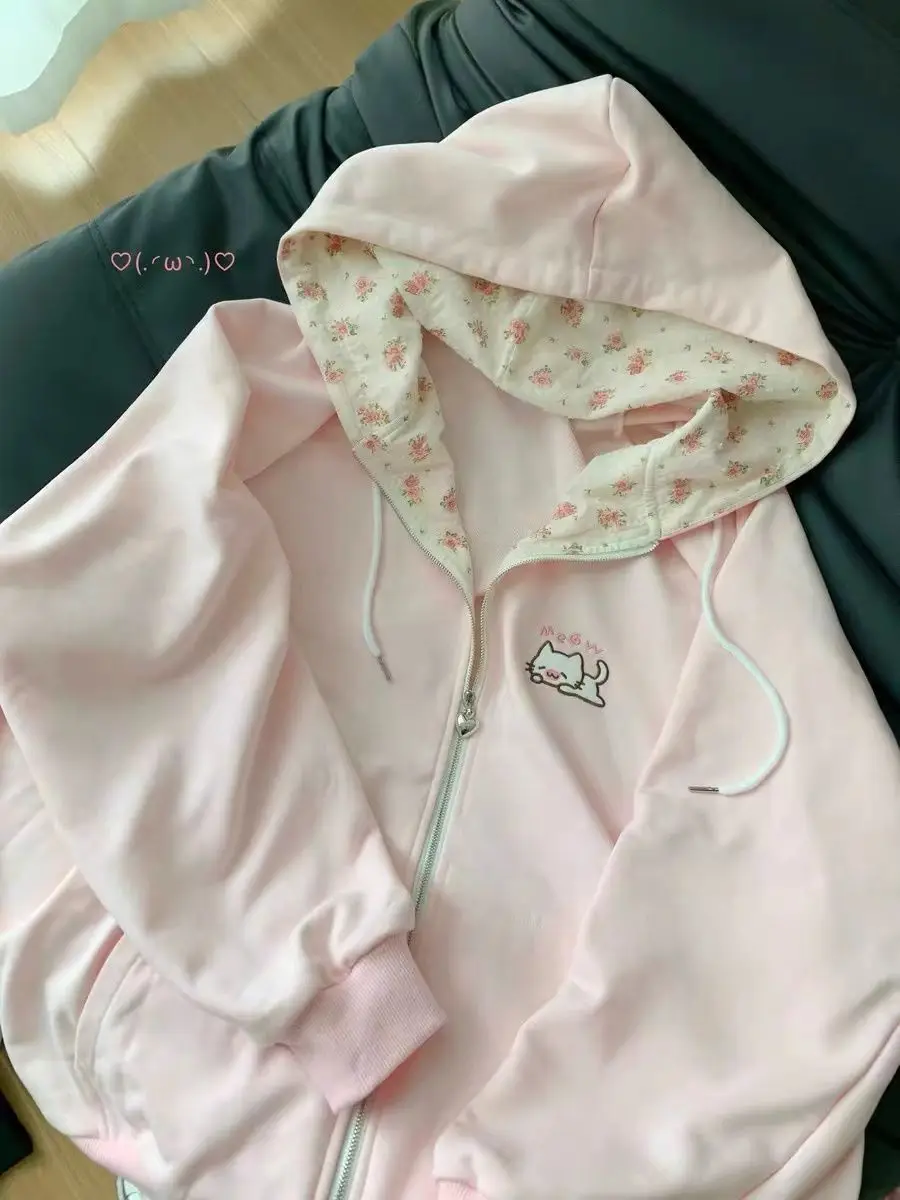 Cat Embroidered Long Sleeved Zip Up Hoodie Women Japanese Spring Summer Sweet Girl Cute Core Thin Sweatshirt Y2k Top