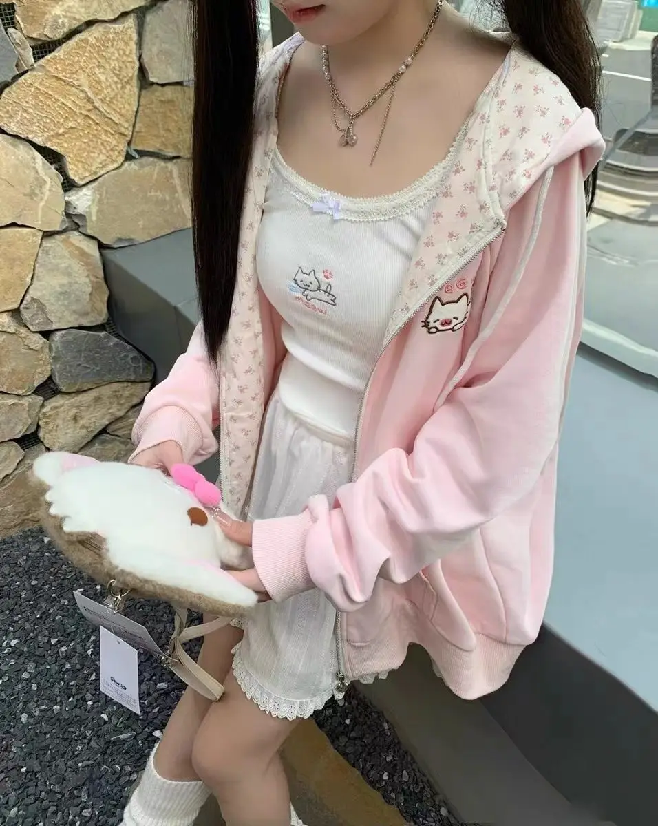 Cat Embroidered Long Sleeved Zip Up Hoodie Women Japanese Spring Summer Sweet Girl Cute Core Thin Sweatshirt Y2k Top