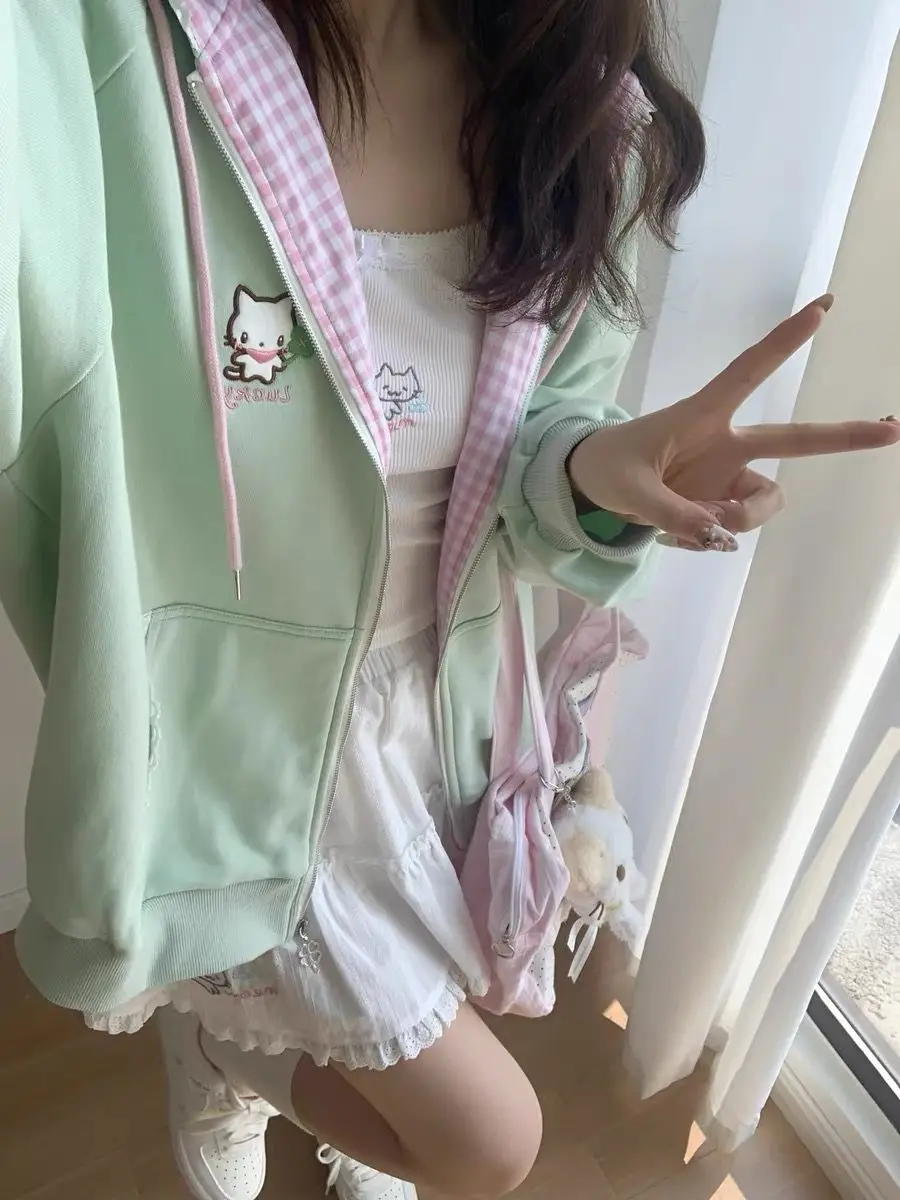 Cat Embroidered Long Sleeved Zip Up Hoodie Women Japanese Spring Summer Sweet Girl Cute Core Thin Sweatshirt Y2k Top