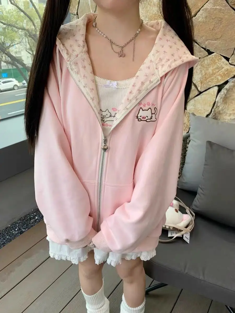 Cat Embroidered Long Sleeved Zip Up Hoodie Women Japanese Spring Summer Sweet Girl Cute Core Thin Sweatshirt Y2k Top