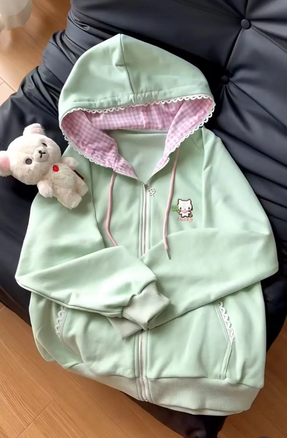 Cat Embroidered Long Sleeved Zip Up Hoodie Women Japanese Spring Summer Sweet Girl Cute Core Thin Sweatshirt Y2k Top