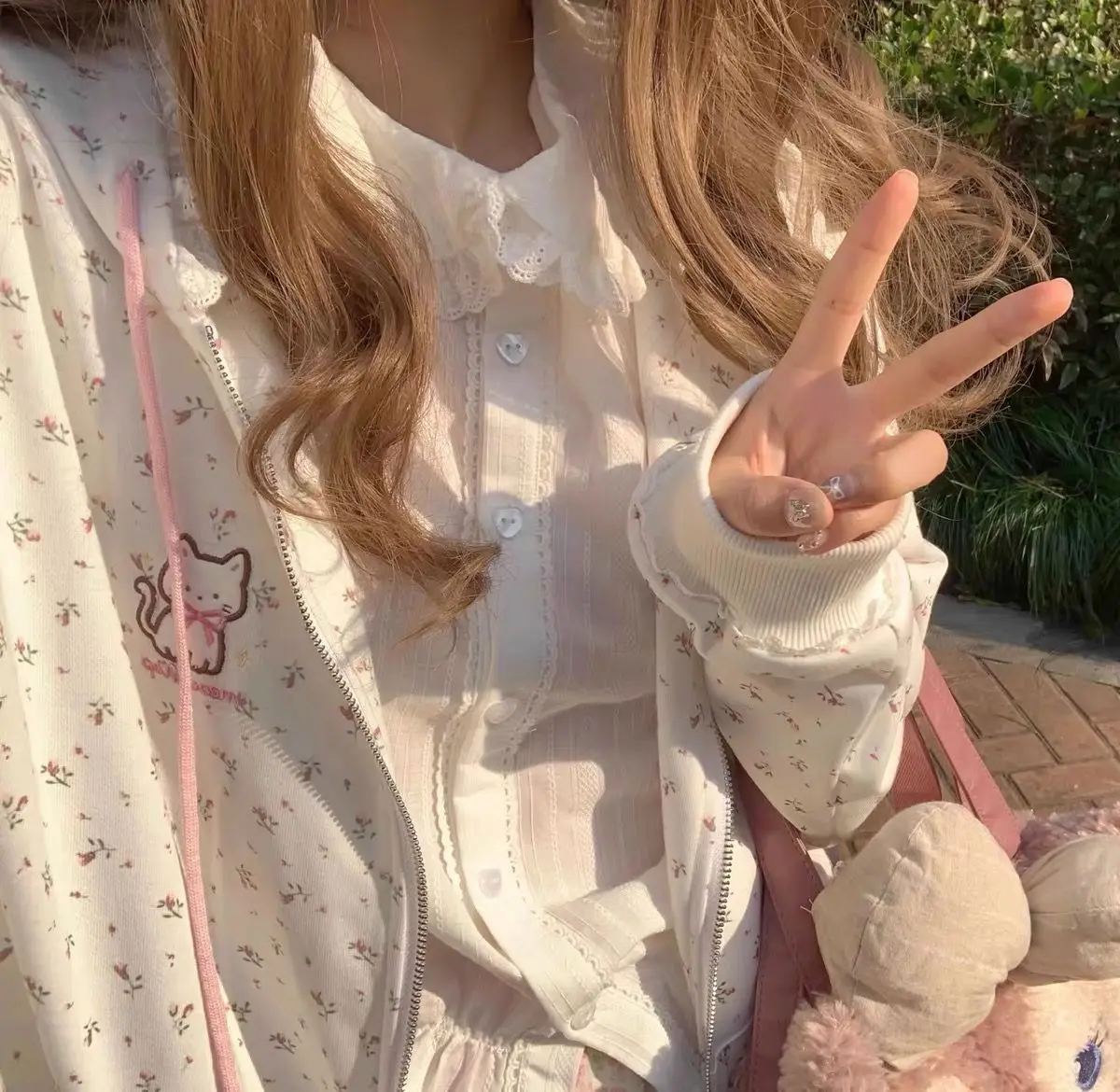 Cat Embroidered Long Sleeved Zip Up Hoodie Women Japanese Spring Summer Sweet Girl Cute Core Thin Sweatshirt Y2k Top