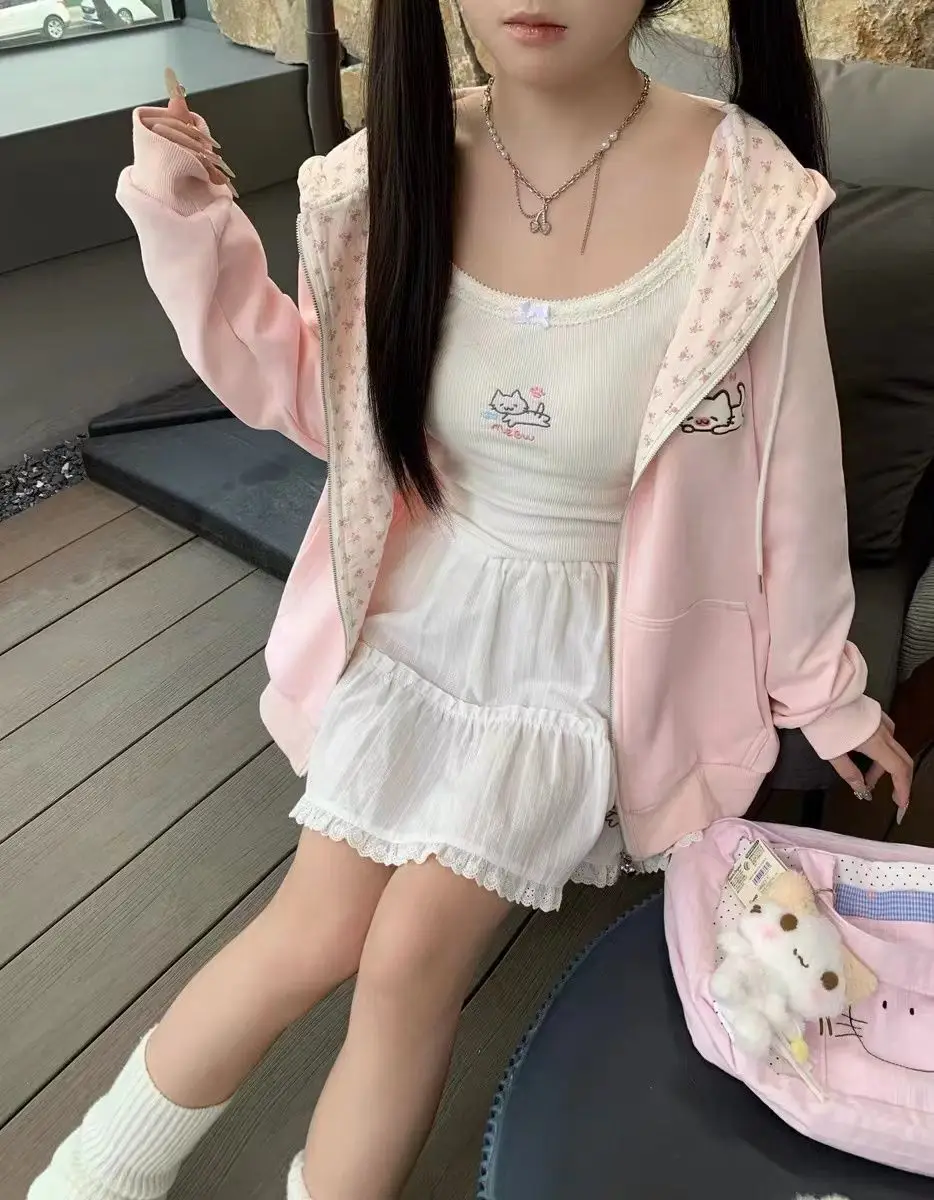 Cat Embroidered Long Sleeved Zip Up Hoodie Women Japanese Spring Summer Sweet Girl Cute Core Thin Sweatshirt Y2k Top