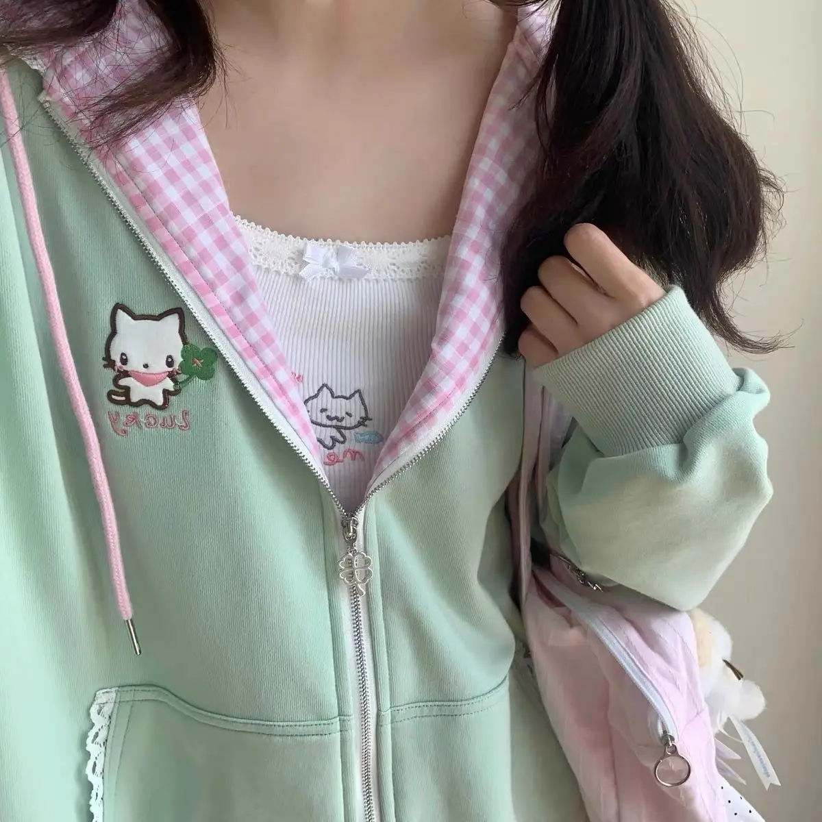 Cat Embroidered Long Sleeved Zip Up Hoodie Women Japanese Spring Summer Sweet Girl Cute Core Thin Sweatshirt Y2k Top