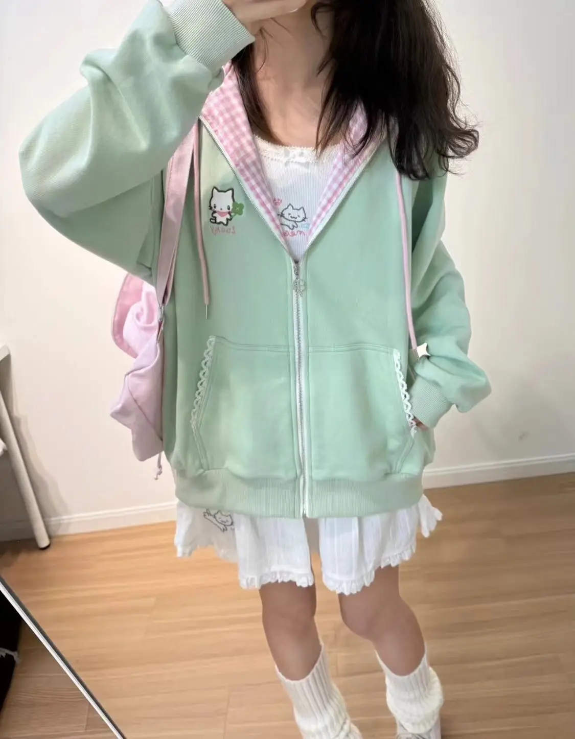 Cat Embroidered Long Sleeved Zip Up Hoodie Women Japanese Spring Summer Sweet Girl Cute Core Thin Sweatshirt Y2k Top