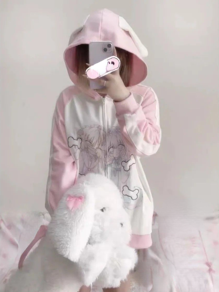 Japanese Casual Sweet Y2k Kawaii Hoodies Loose All Match Cute Contrast Color Women Coats Fashion Cartoon Print Zipper Sweatshirt