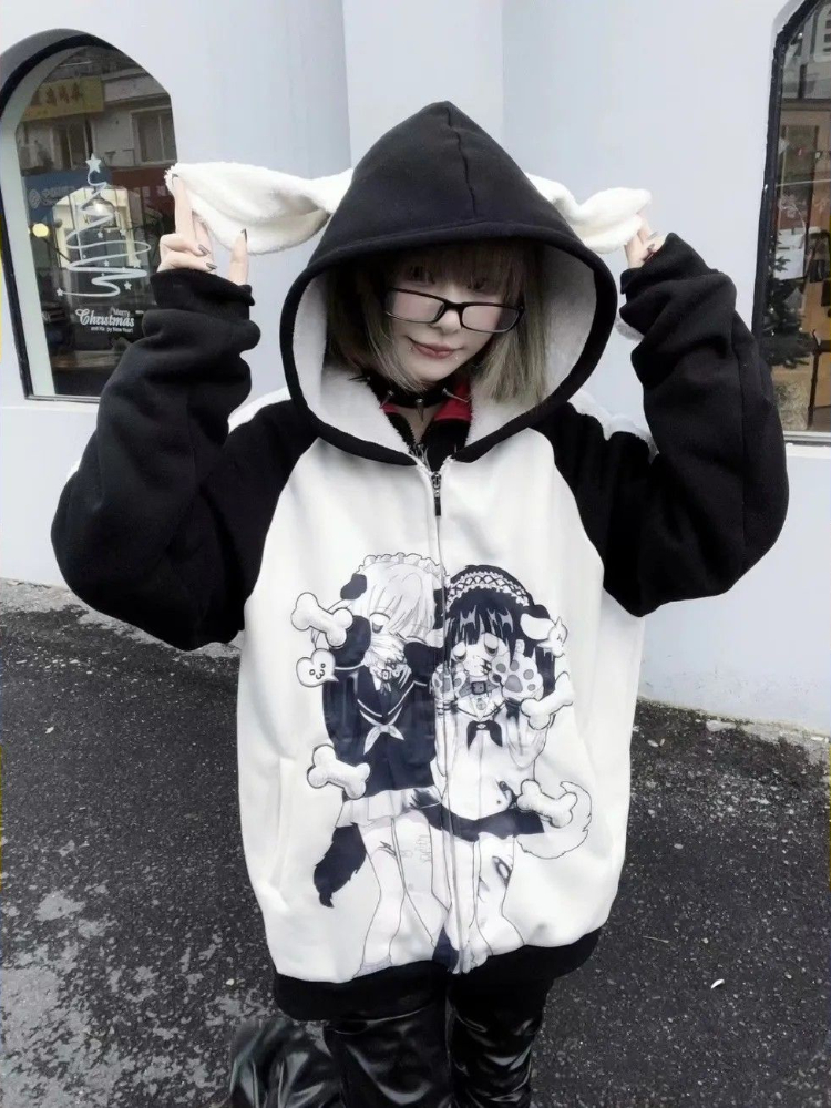 Japanese Casual Sweet Y2k Kawaii Hoodies Loose All Match Cute Contrast Color Women Coats Fashion Cartoon Print Zipper Sweatshirt