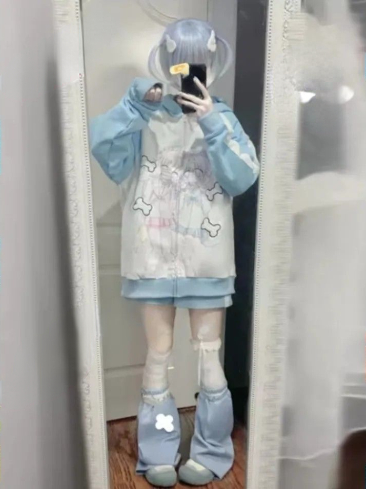 Japanese Casual Sweet Y2k Kawaii Hoodies Loose All Match Cute Contrast Color Women Coats Fashion Cartoon Print Zipper Sweatshirt