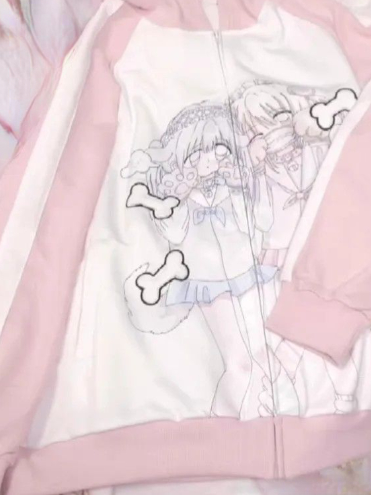 Japanese Casual Sweet Y2k Kawaii Hoodies Loose All Match Cute Contrast Color Women Coats Fashion Cartoon Print Zipper Sweatshirt