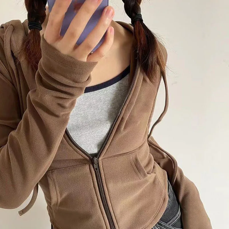Xpqbb Vintage Zip Up Cropped Hoodies Women Solid Color Y2K Long Sleeve Hooded Jacket Woman Korean Style Slim Streetwear Hoody
