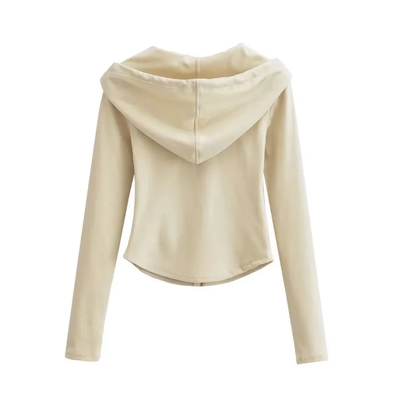 Xpqbb Vintage Zip Up Cropped Hoodies Women Solid Color Y2K Long Sleeve Hooded Jacket Woman Korean Style Slim Streetwear Hoody