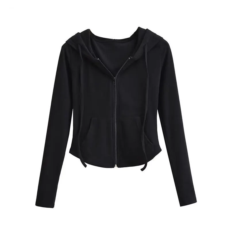 Xpqbb Vintage Zip Up Cropped Hoodies Women Solid Color Y2K Long Sleeve Hooded Jacket Woman Korean Style Slim Streetwear Hoody