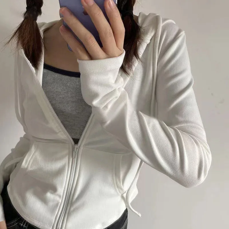 Xpqbb Vintage Zip Up Cropped Hoodies Women Solid Color Y2K Long Sleeve Hooded Jacket Woman Korean Style Slim Streetwear Hoody
